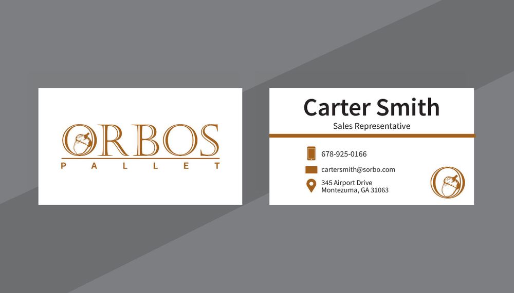 Minimalist business card design featuring the Orbos logo in copper tones with contact information on white background.