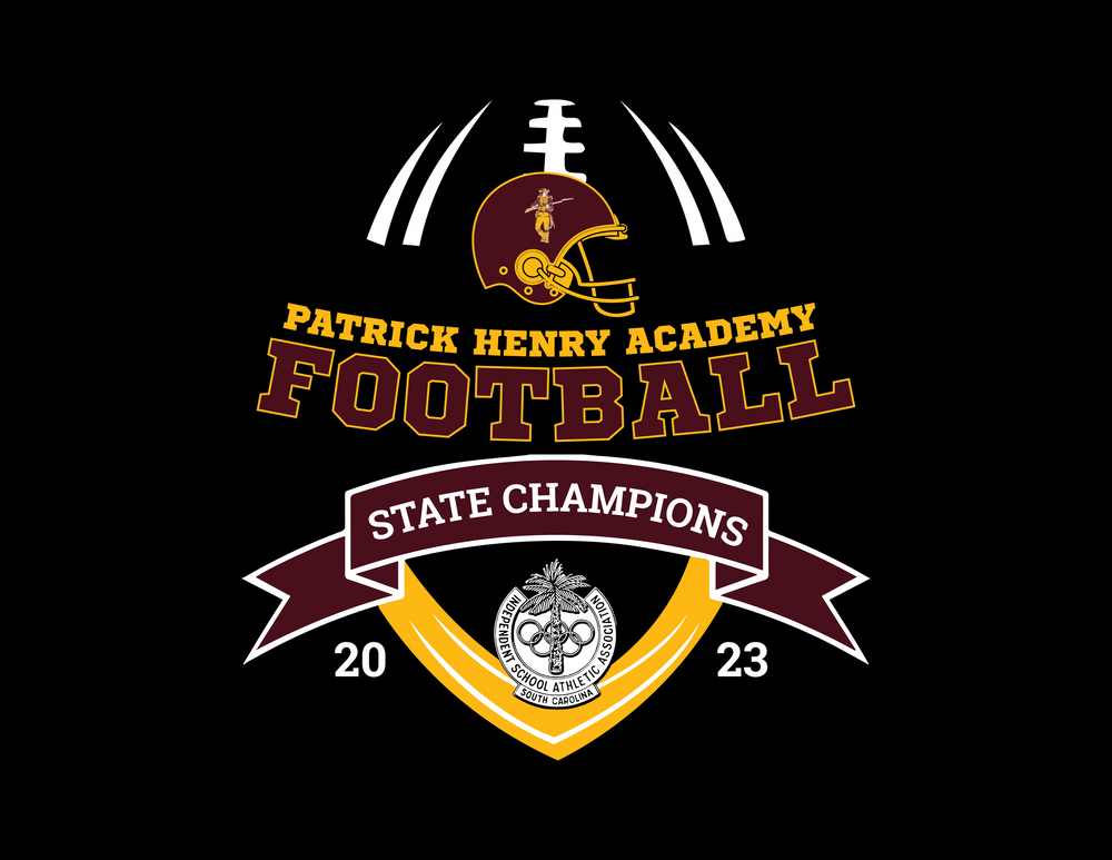 Patrick Henry Academy Football state champions 2023 logo design with helmet graphic on black background.