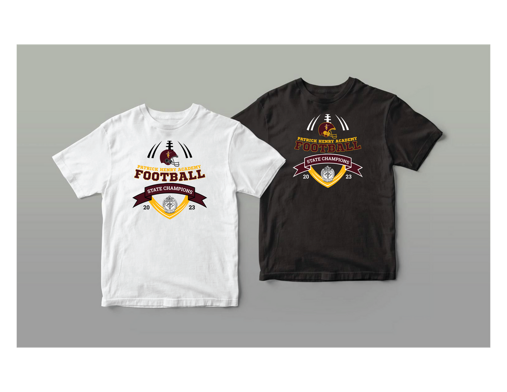 Two t-shirt mockups displaying football team logo designs in white and black colors.