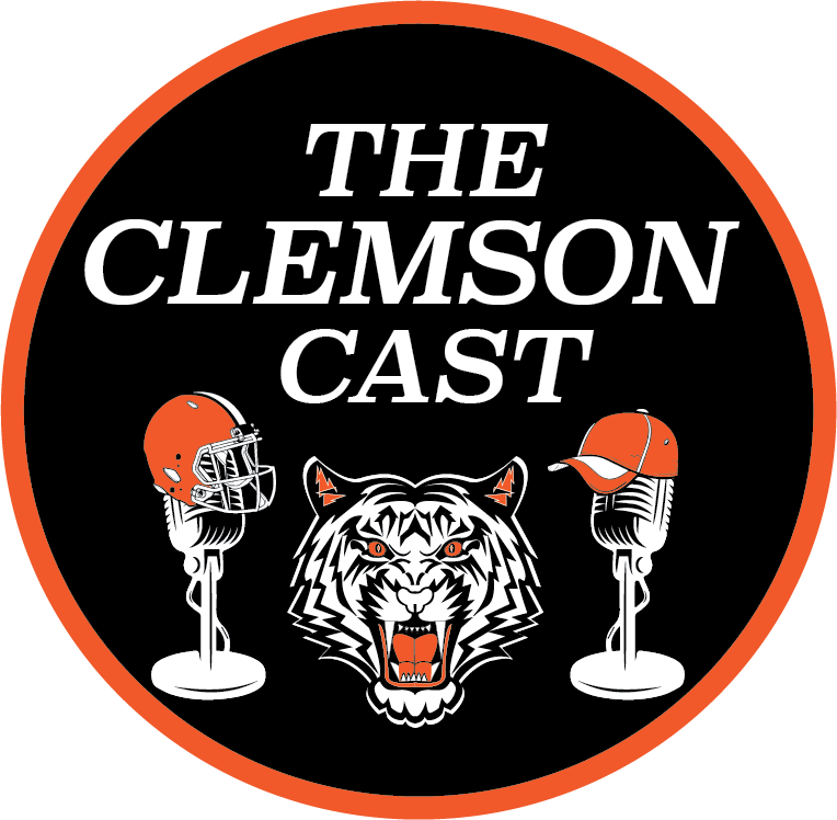 The Clemson Cast podcast logo featuring a tiger mascot and vintage microphones on an orange circular background.