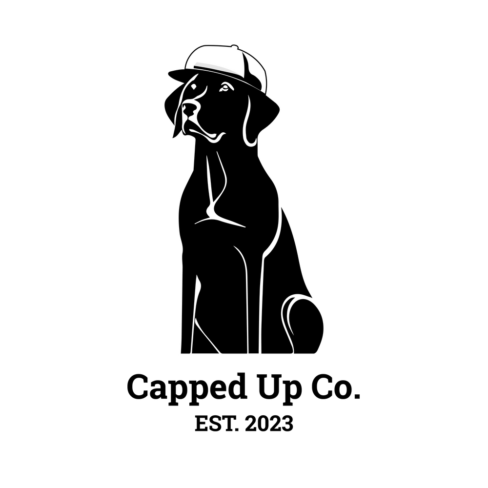 Simple black silhouette logo design of a dog wearing a baseball cap sitting in profile against white background.