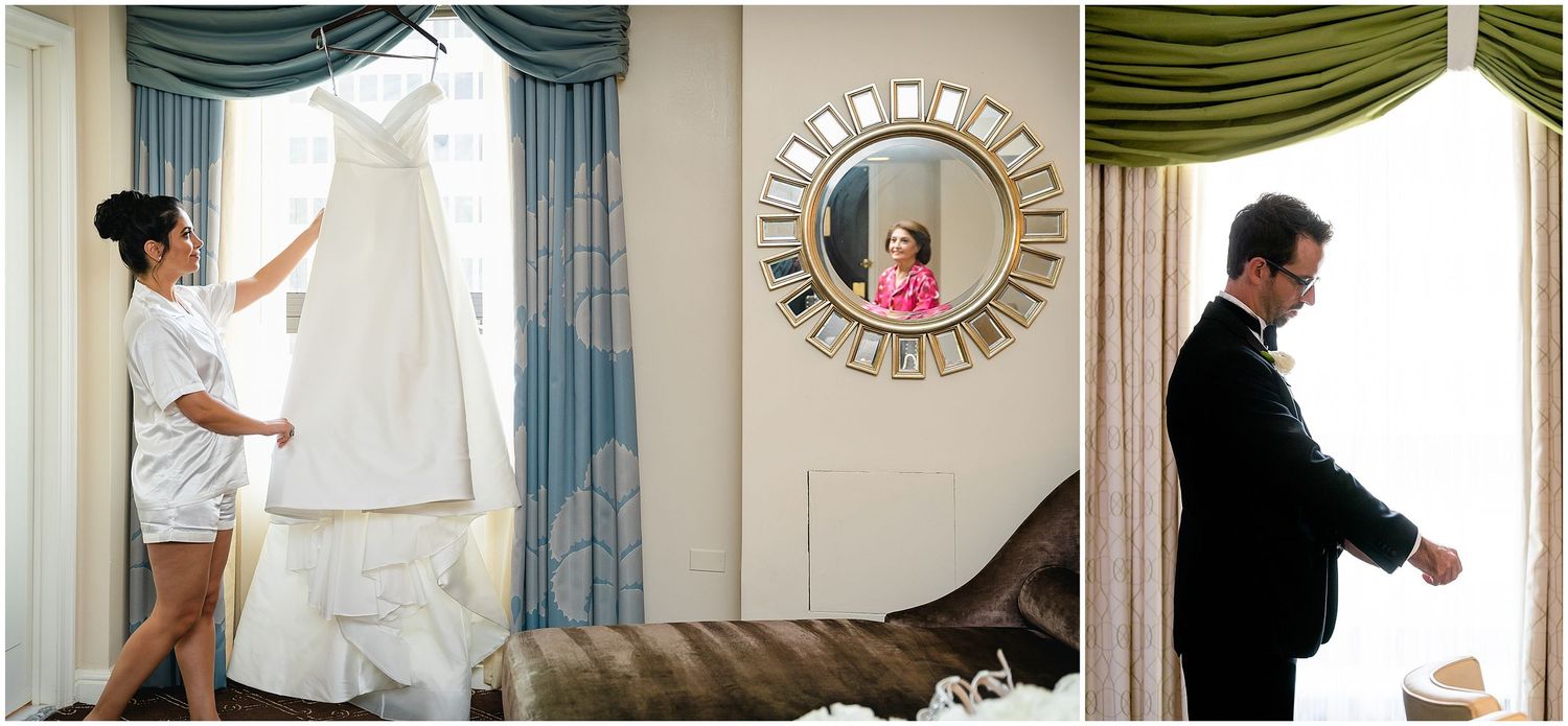 Wedding day preparation scenes showing dress and formal attire in a luxurious hotel room.