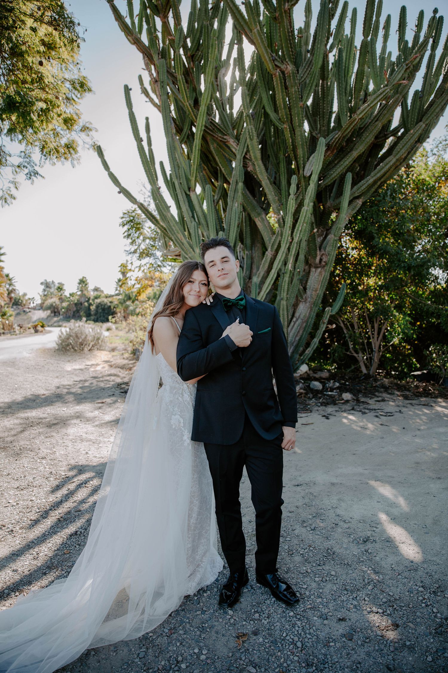 Bride and Groom strike a pose in front of a cactus, desert landscape on their wedding day.