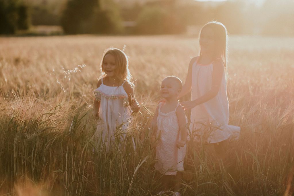 Family silhouettes walking through golden wheat field at sunset with sunflare in background.