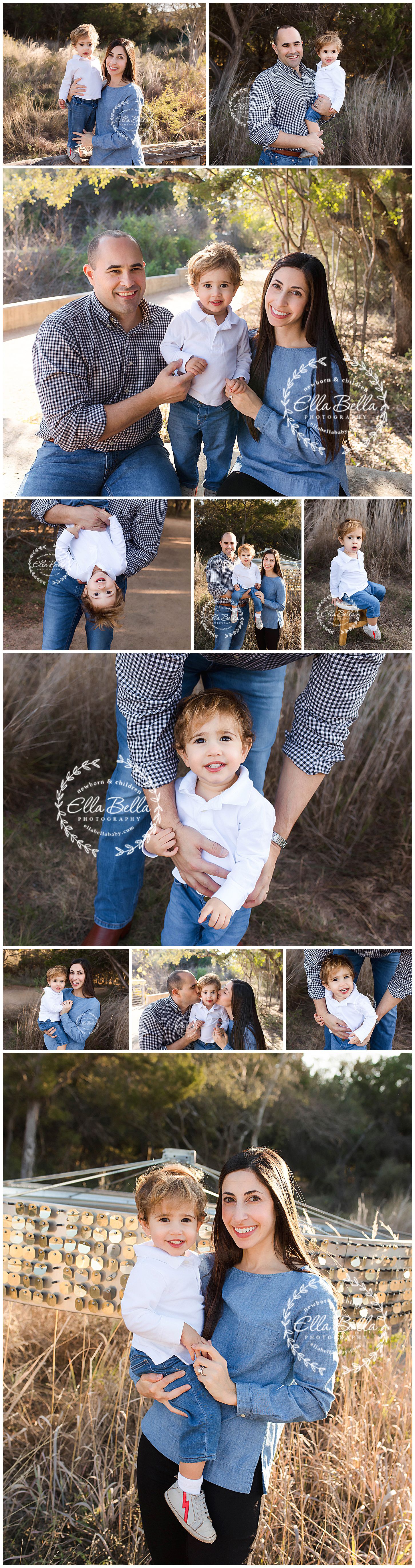 Casual outdoor family photo session with coordinating blue and white outfits against natural brush backdrop.