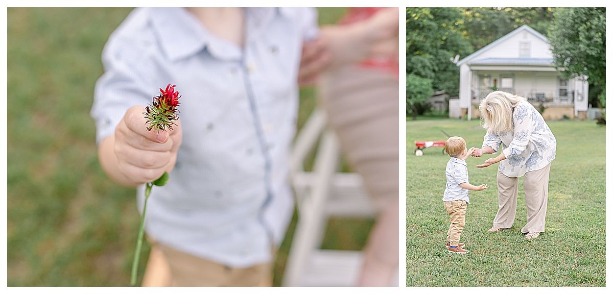 ringgold GA photographer, family photos signal mountain, boy holding flower, green grass, grandmother happy