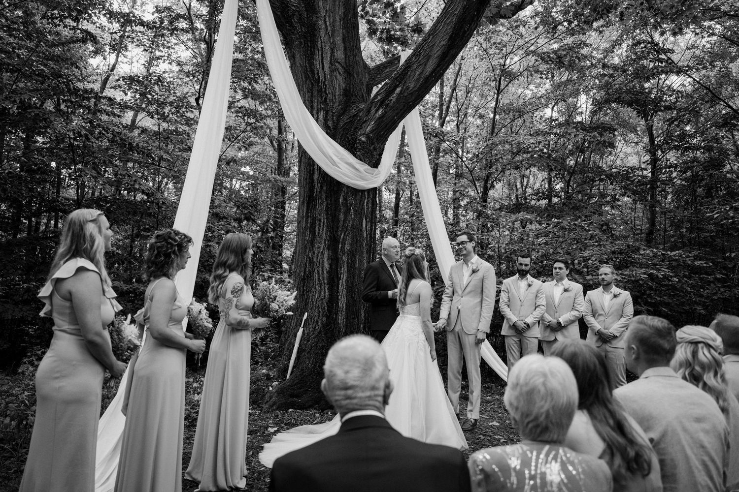 Black and white photo of outdoor woodland wedding ceremony with bridal party at tree altar.