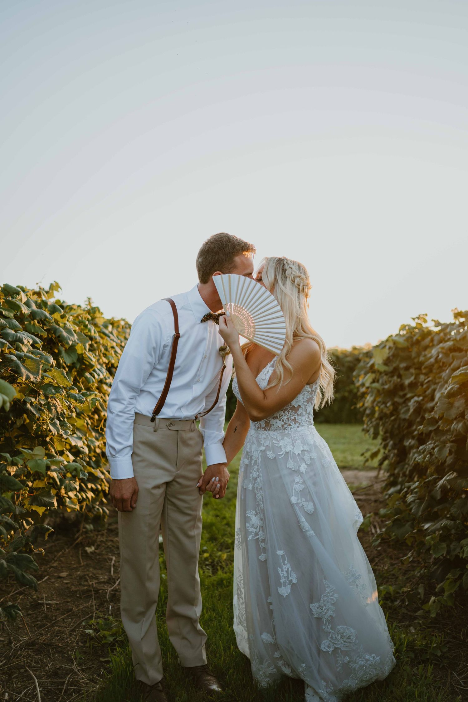 Bride and groom kiss behind a white hand fan in a lush vineyard at golden hour.