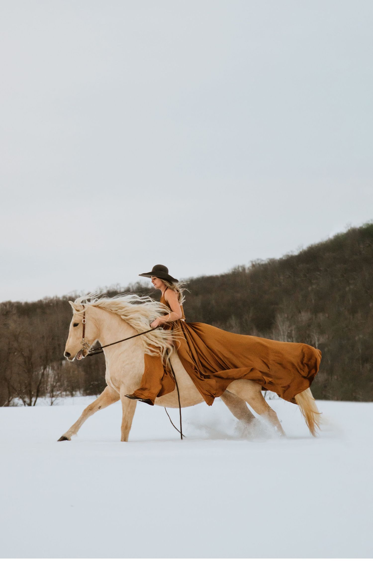 A rider in a flowing dress gallops through snowy terrain on a palomino horse.