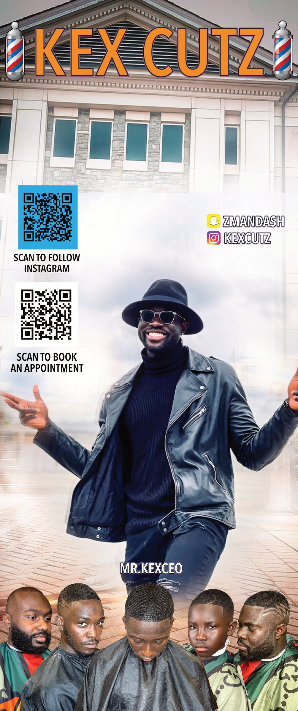 Barbershop promotional image showing various haircut styles and QR codes.