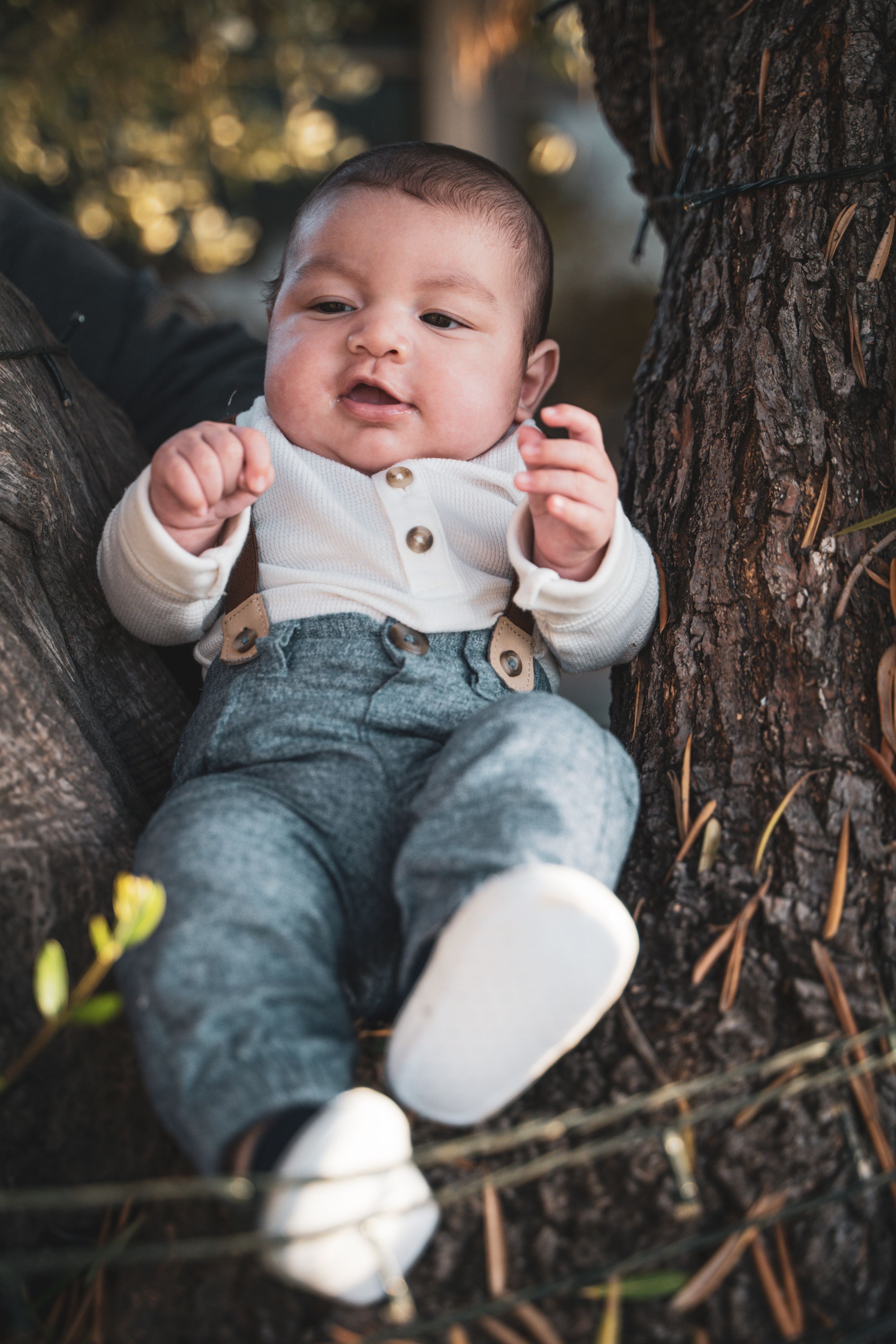 Cute newborn baby in white shirt and gray suspenders resting against a tree outdoors.