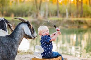 young boy fishing with goats by a lake during a birthday photoshoot in Panama City Florida