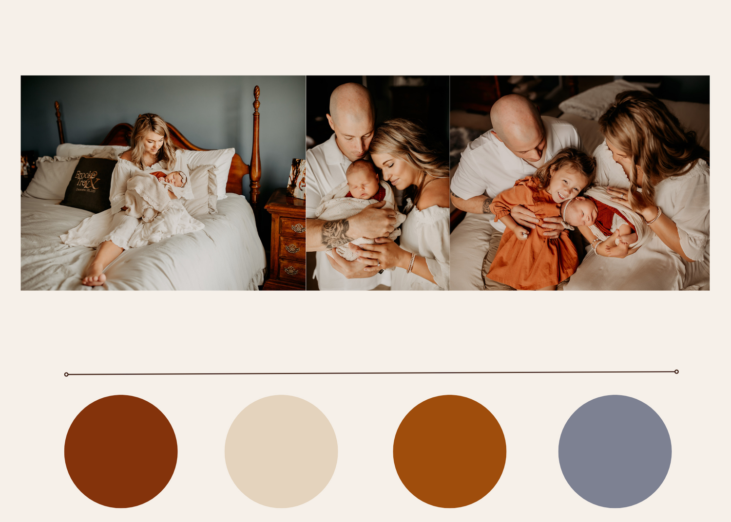 A color palette display with newborn session images wearing the colors displayed.