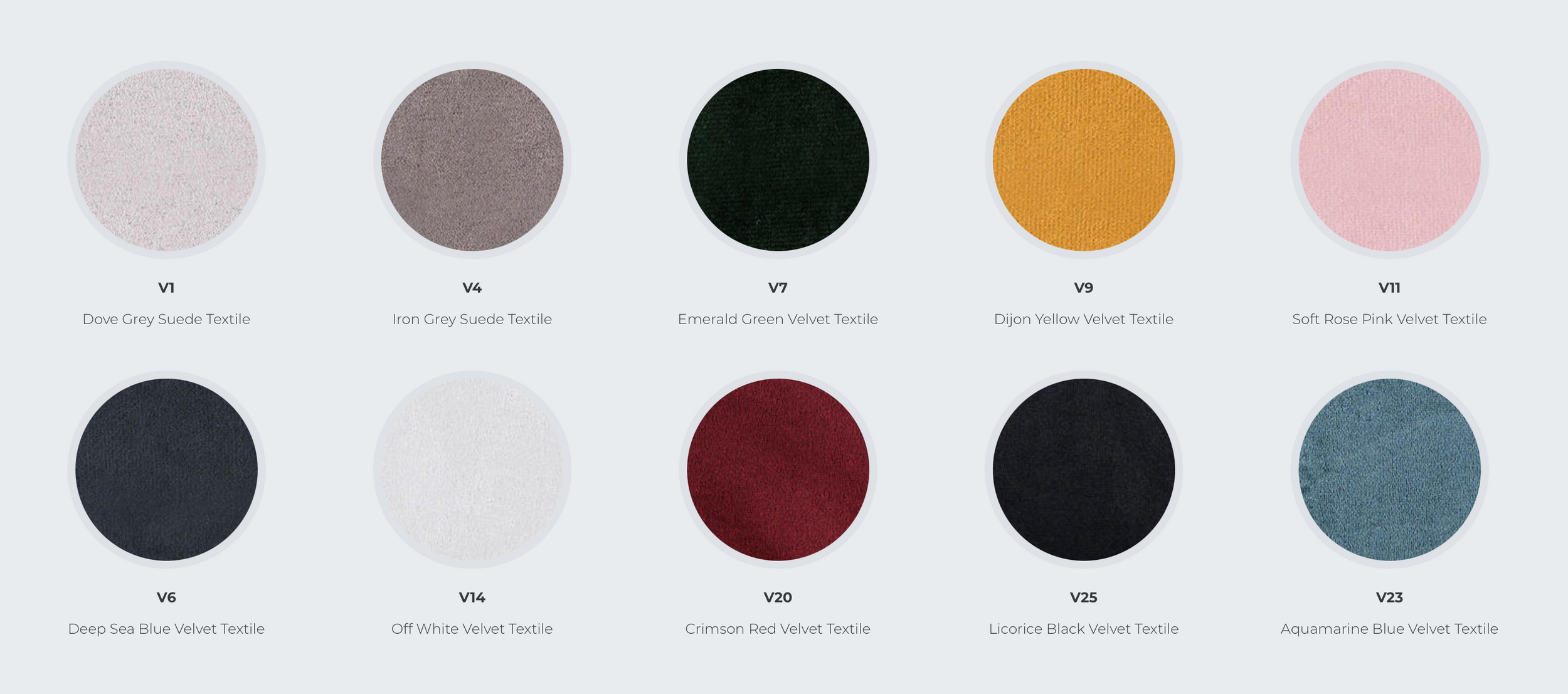 Color swatch palette showing muted tones of pink, blue, black, burgundy and gold.