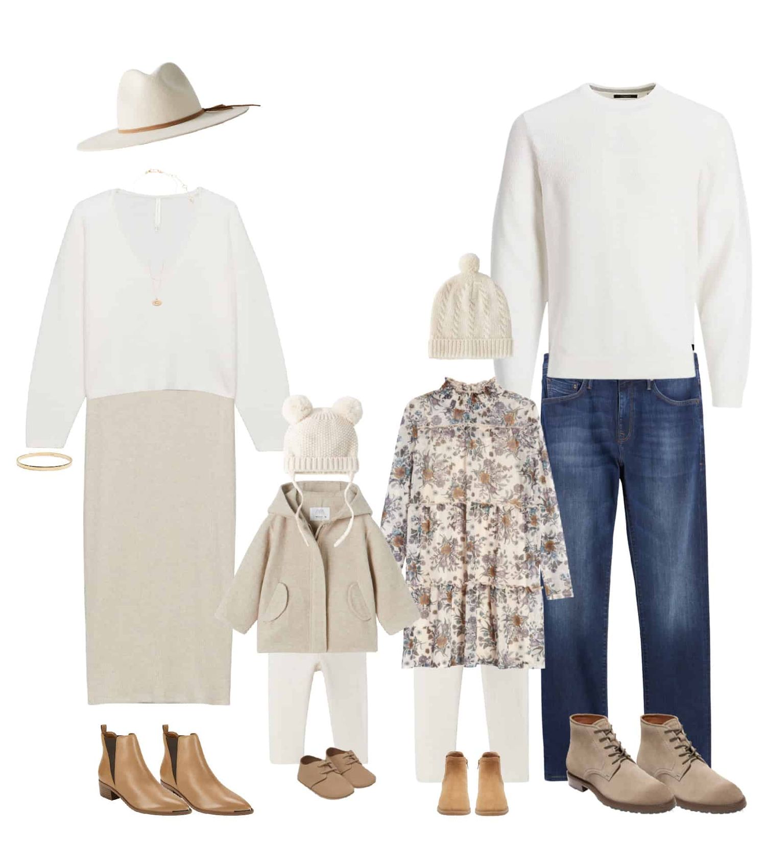 Collection of coordinated winter white and neutral family outfits with boots and accessories.