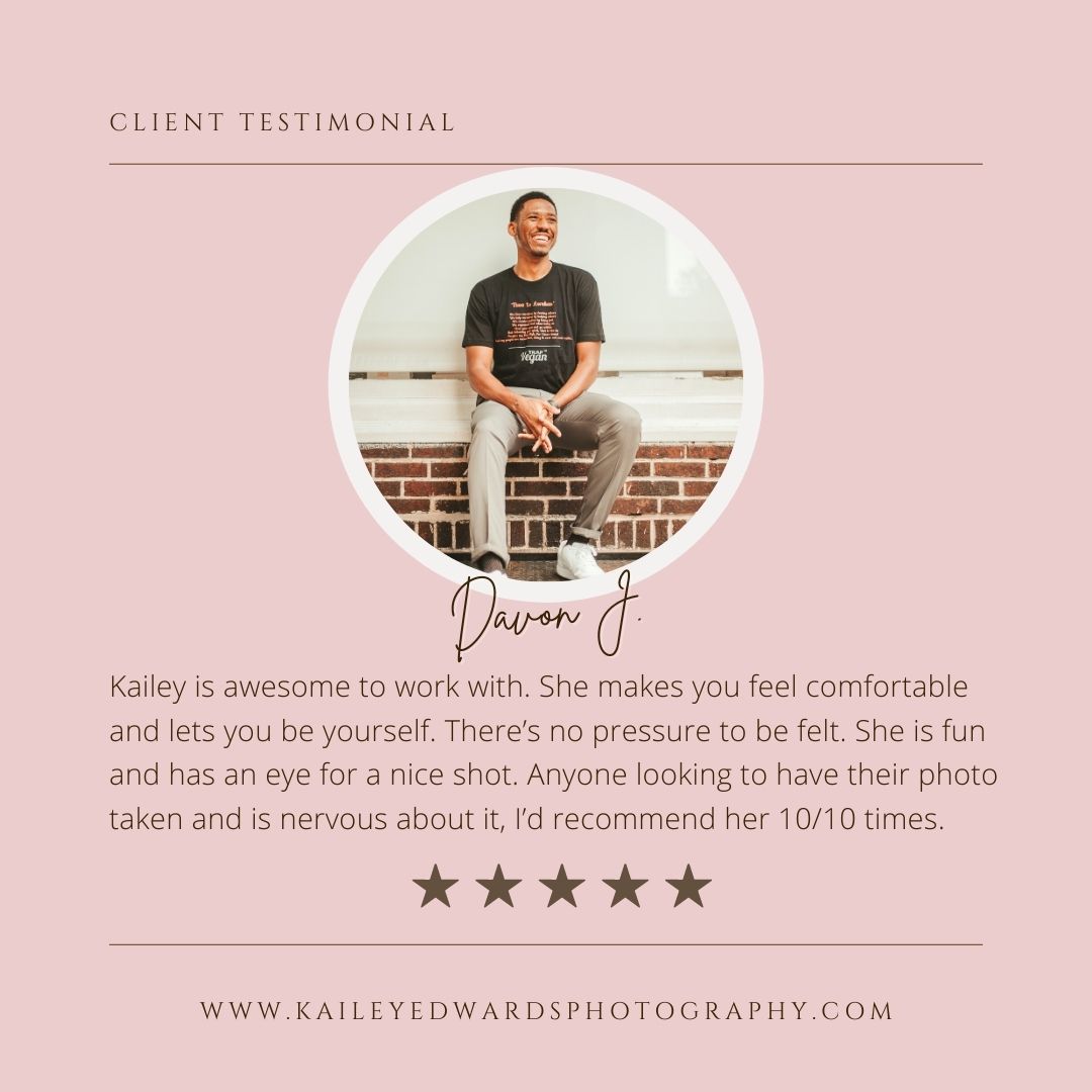 Professional photography testimonial layout with client photos and reviews on pink background.