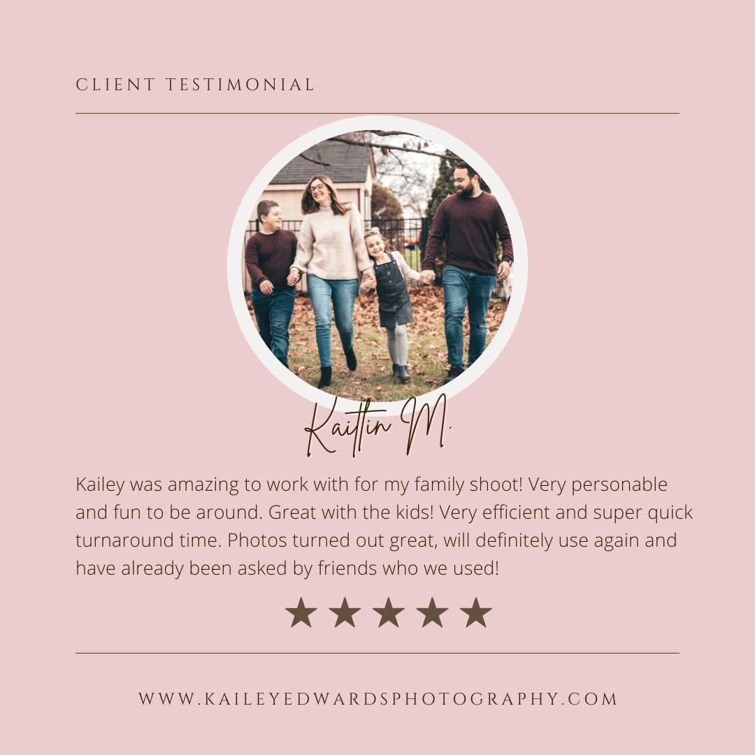 Client testimonial layout for photography website with circular photo and text on pink background.