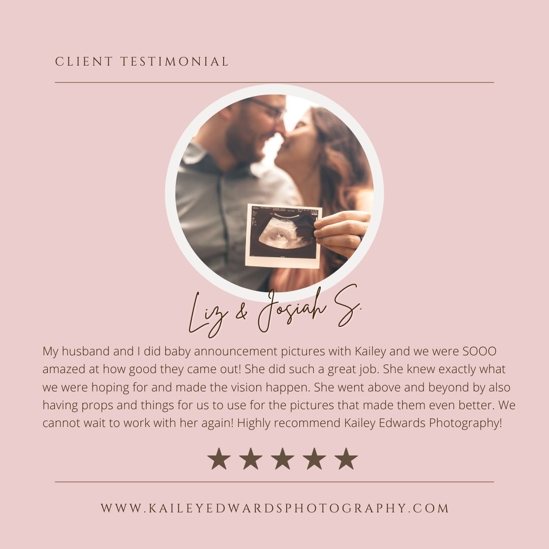 Pink-themed photography testimonial design featuring circular client photo and five-star rating.