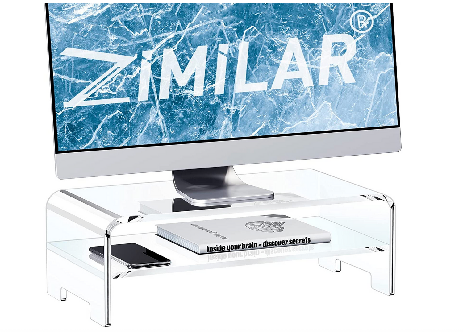 Clear acrylic monitor stand displaying Zimilar branding with icy blue text effect.