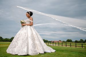 Bride in lace ballgown poses in countryside with flowing veil against cloudy sky.