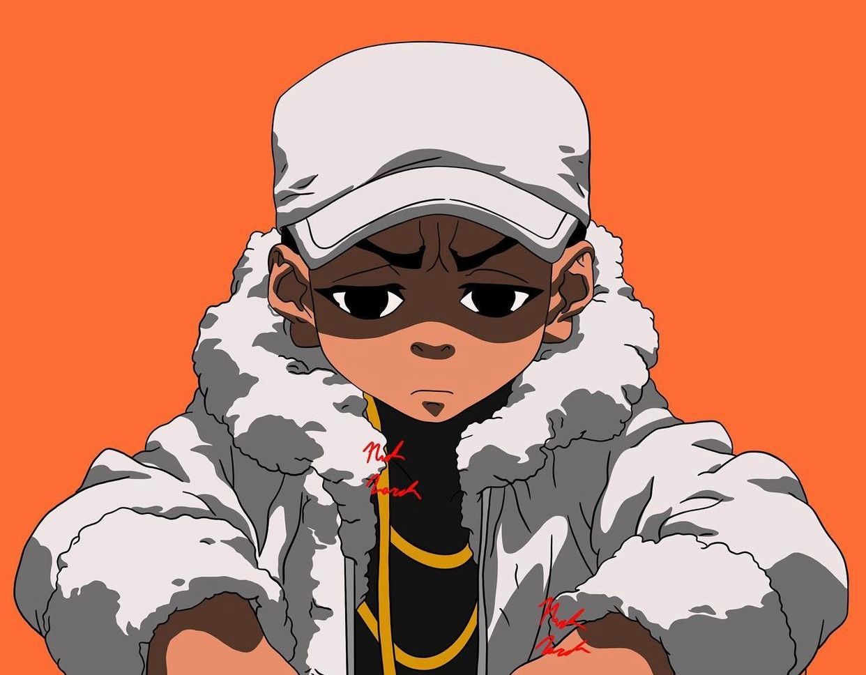 Anime-style character wearing winter coat and cap with fur trim against orange background.