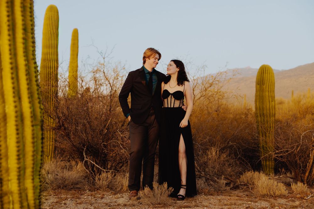Romantic couple photoshoot among towering saguaro cacti at sunset.