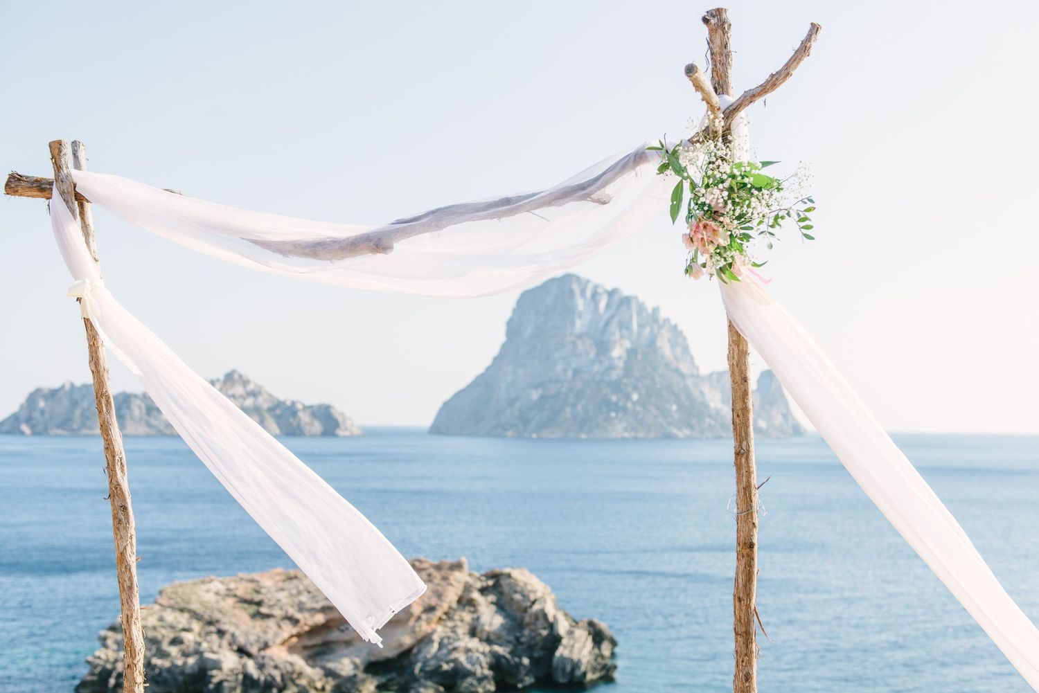 A wedding alter in Ibiza with Es Vedra views