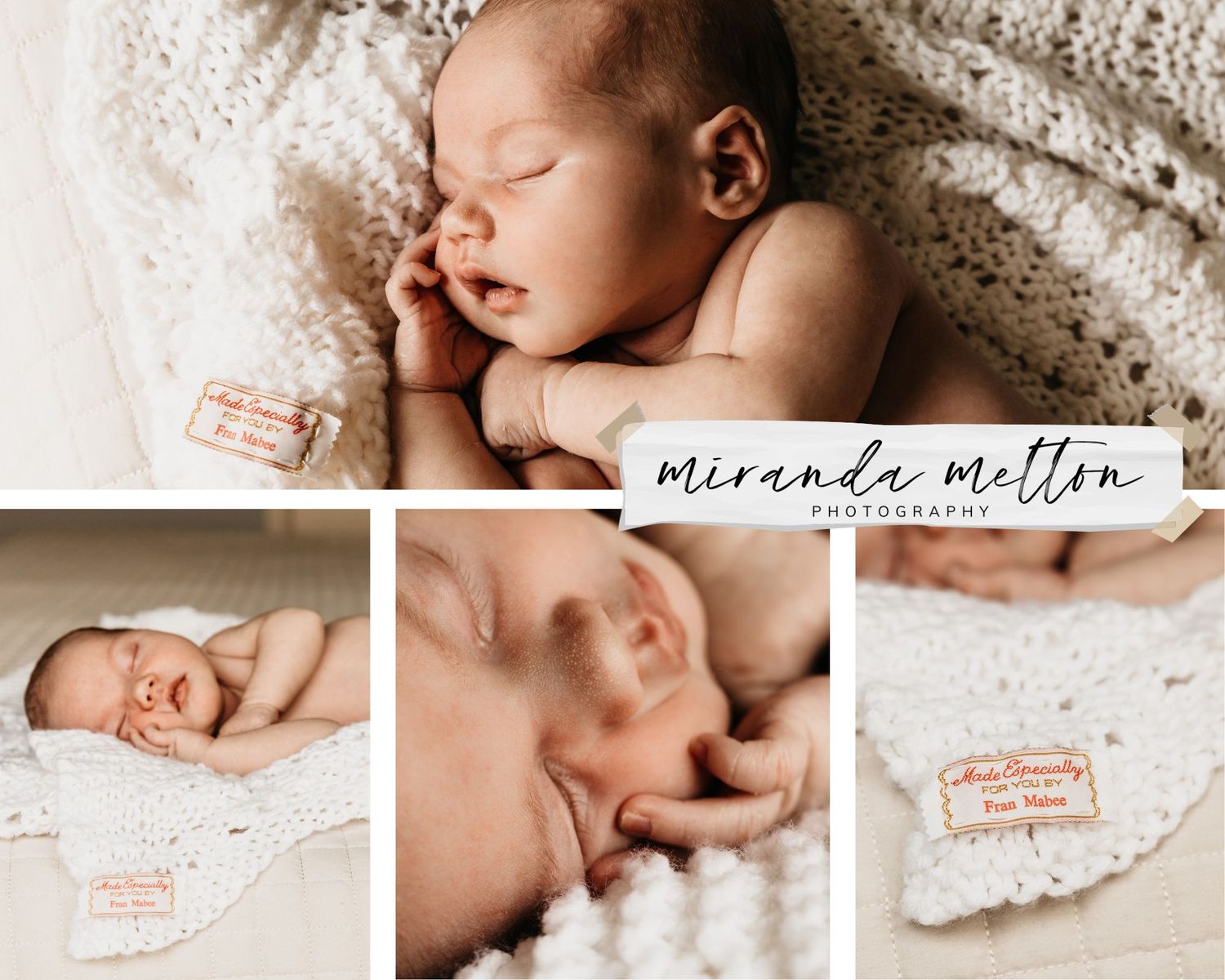 Collage of 4 photos of a newborn baby cuddled snugly in a blanket displays a concept for family photo ideas in the Twin Cities