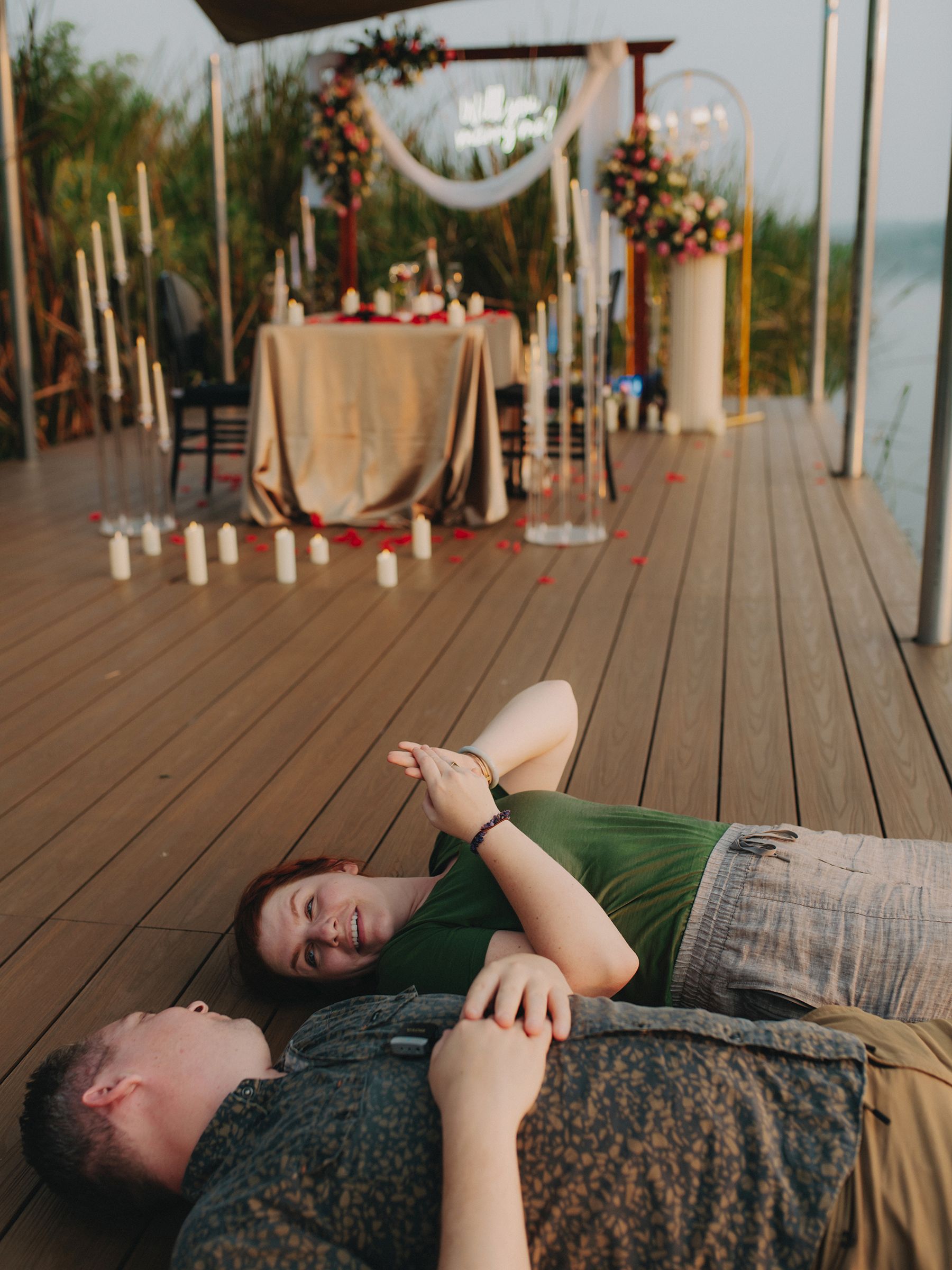 Series of candid moments on a wooden deck with palm trees and ocean views in the background.