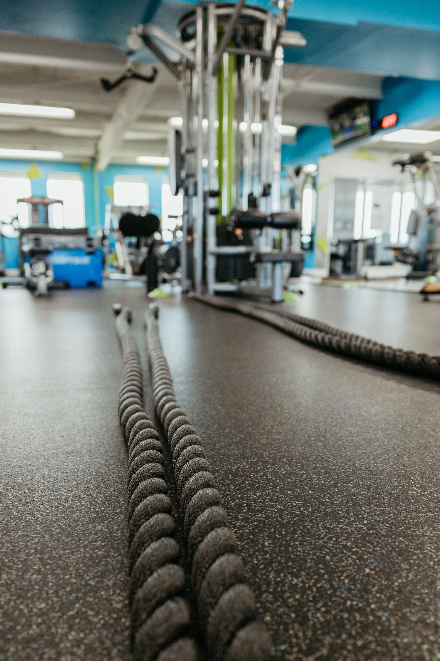 Battle ropes on gym floor with exercise machines and blue walls in modern fitness center background.
