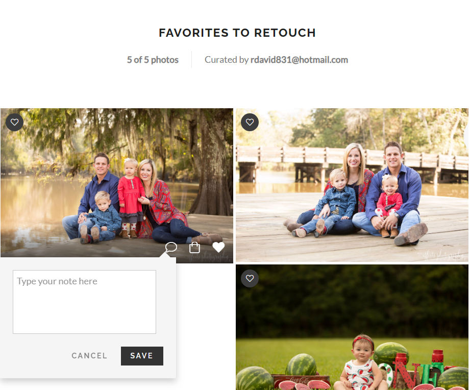 Photo gallery selection interface showing outdoor family portraits and sports equipment.