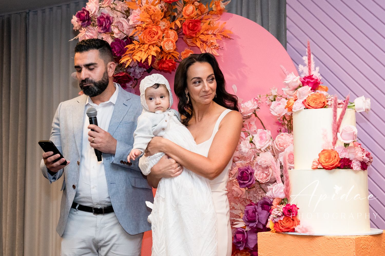 Baptism Christening Baby Event Photography details  Melbourne Western Suburbs Celebration pink purple autumn theme backdrop cake speeches