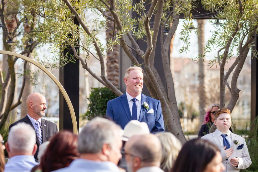 Wedding celebration viewed through trees with guests gathered in formal attire.