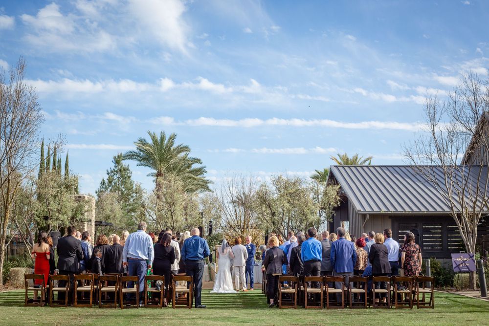 Rows of wooden chairs set up for an outdoor ceremony against a desert landscape with palm trees and mountains.