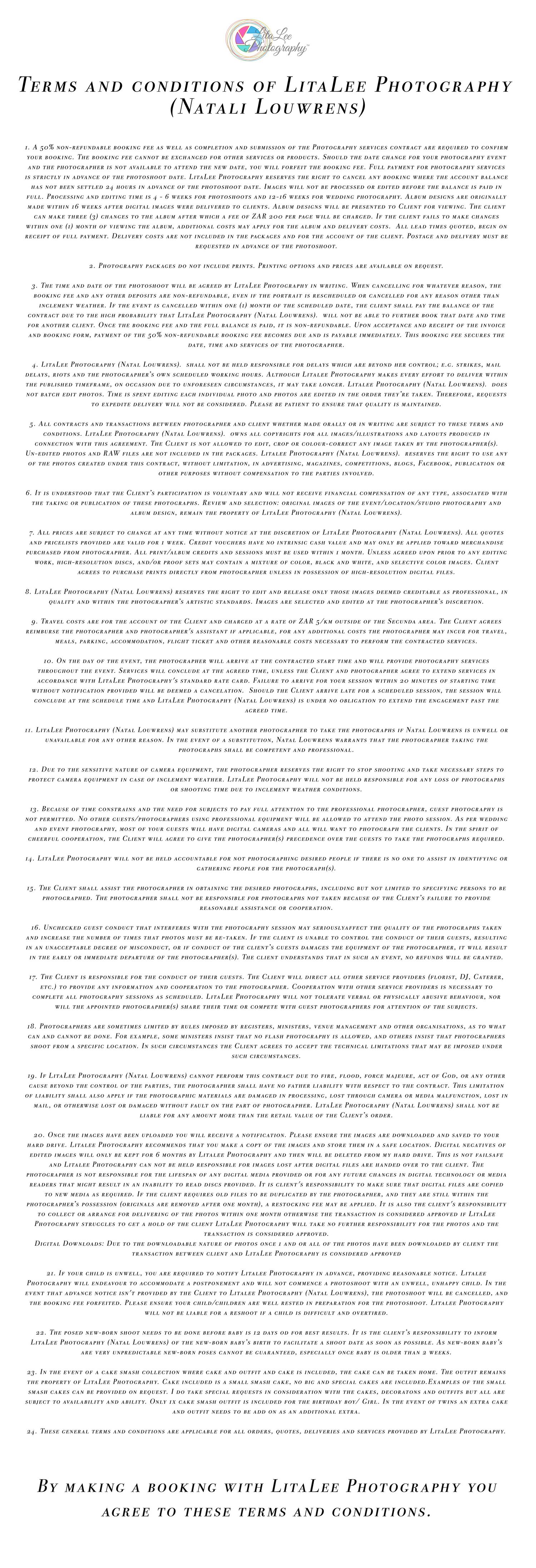 Litalee Photography terms and conditions