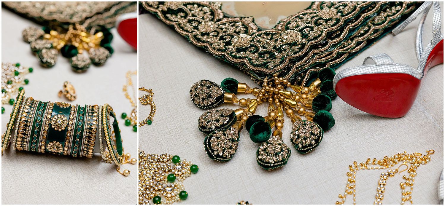 Close-up of ornate gold and emerald jewelry pieces with intricate lace detailing.