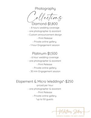 Pricing page for Milestones Portraits weddings