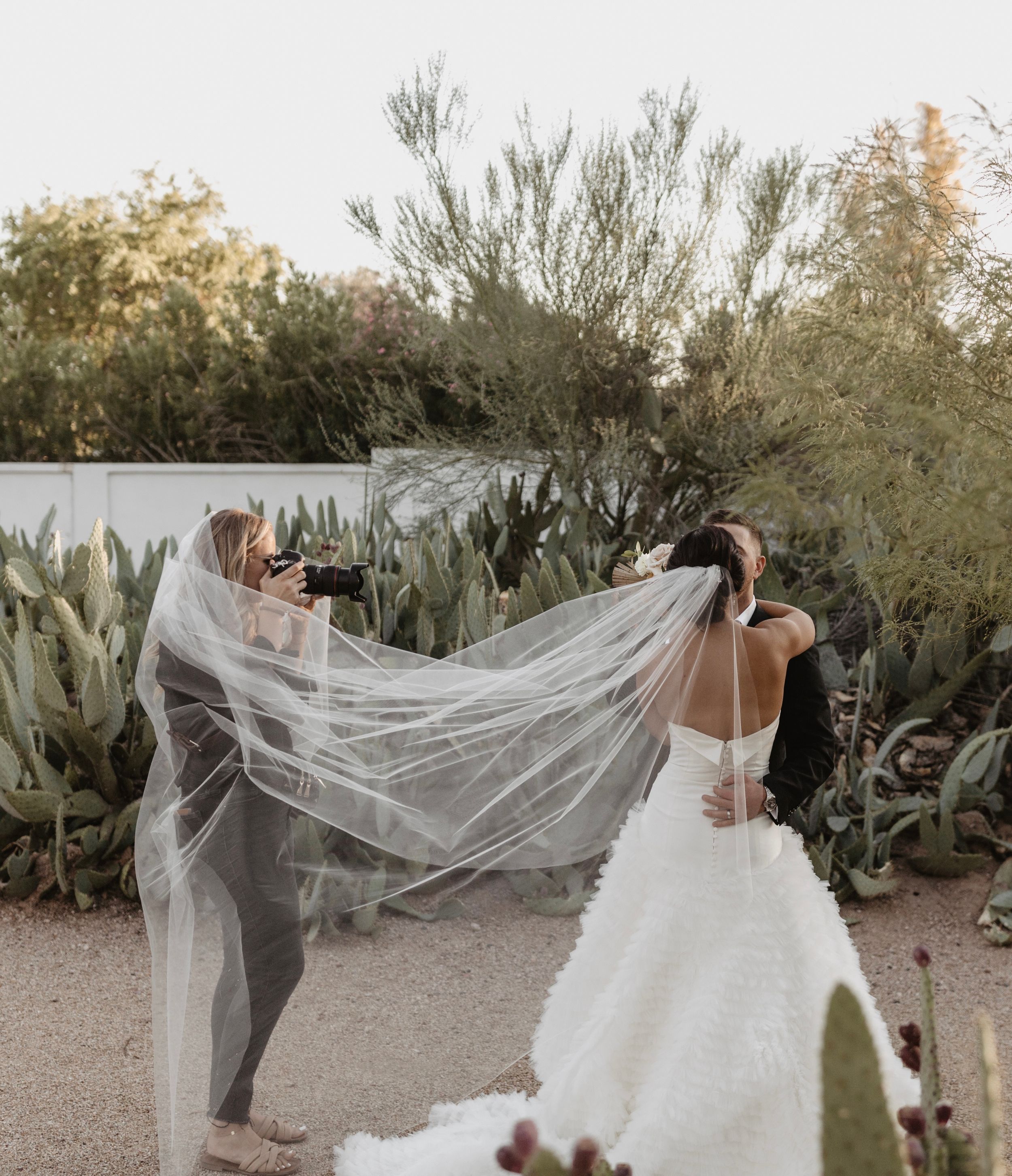 A flowing wedding veil catches the breeze in a desert garden setting.