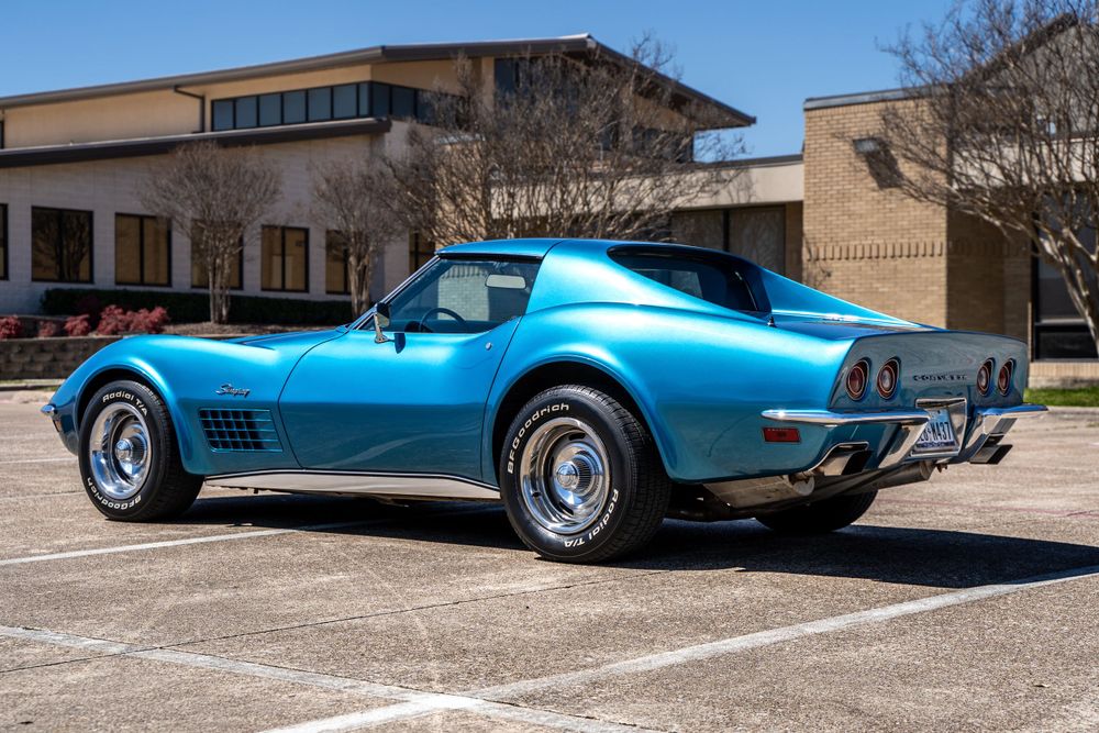 1971 Chevrolet Corvette blue driver-rear angle