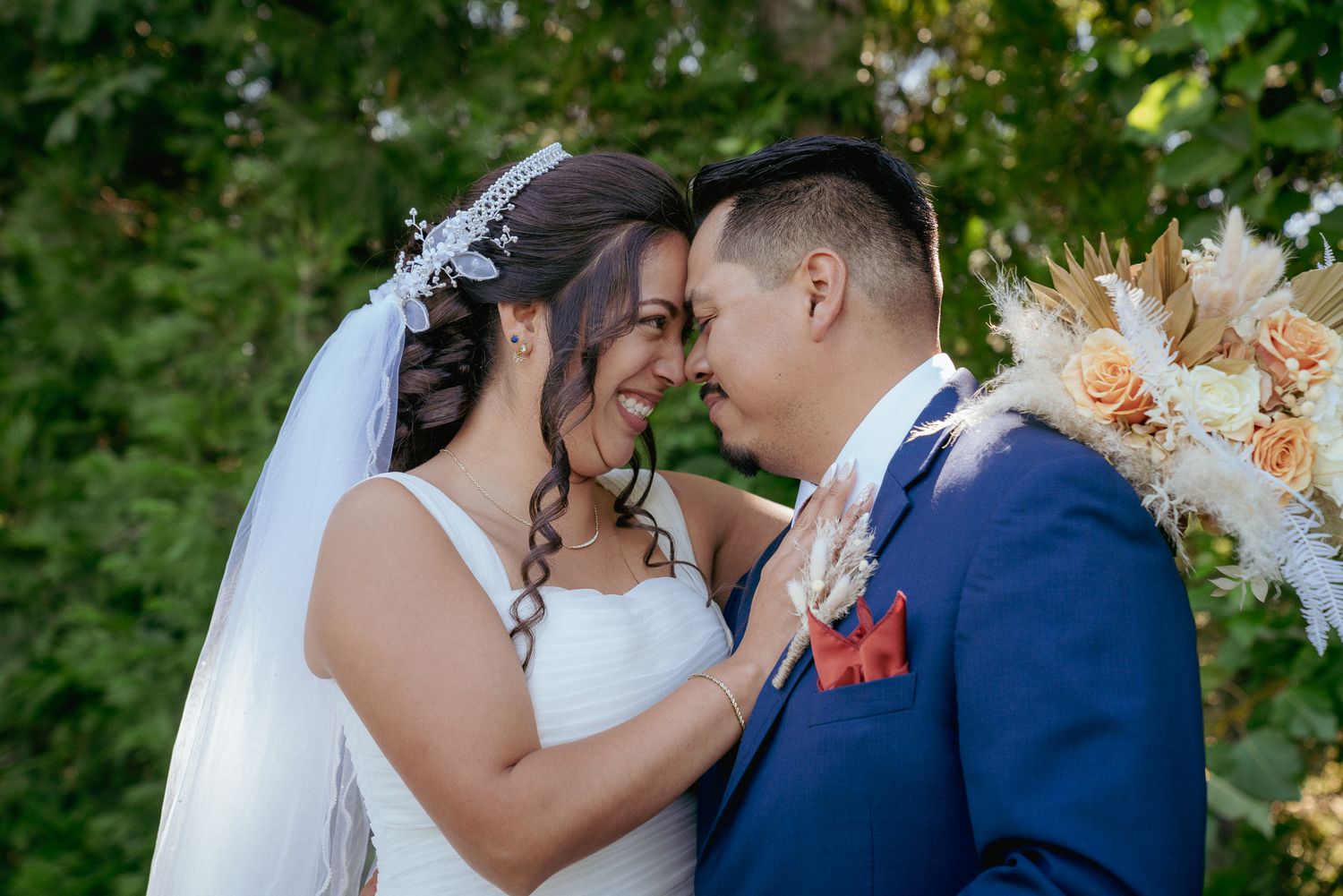 Latinx couple share intimate moment on their wedding day, PNW love story.
