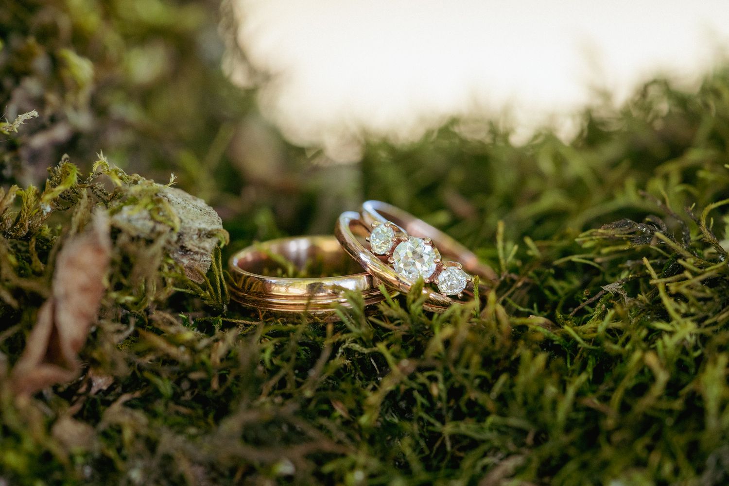 Wedding rings rest on moss, earthy Oregon forest elopement detail.
