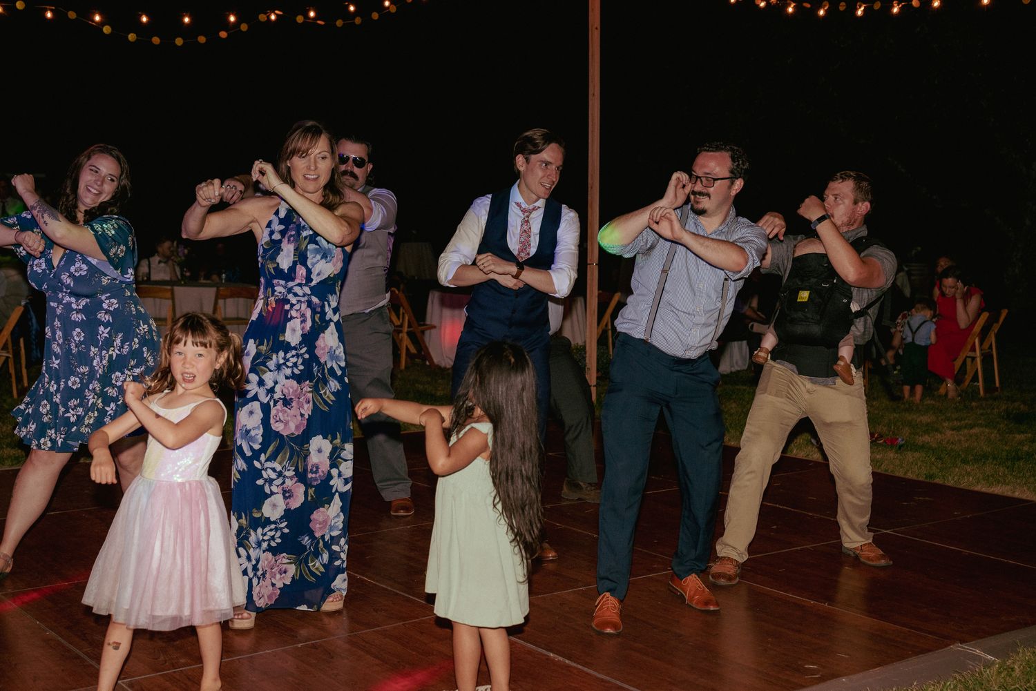 Wedding dance floor fun with guests and kids, Portland reception.