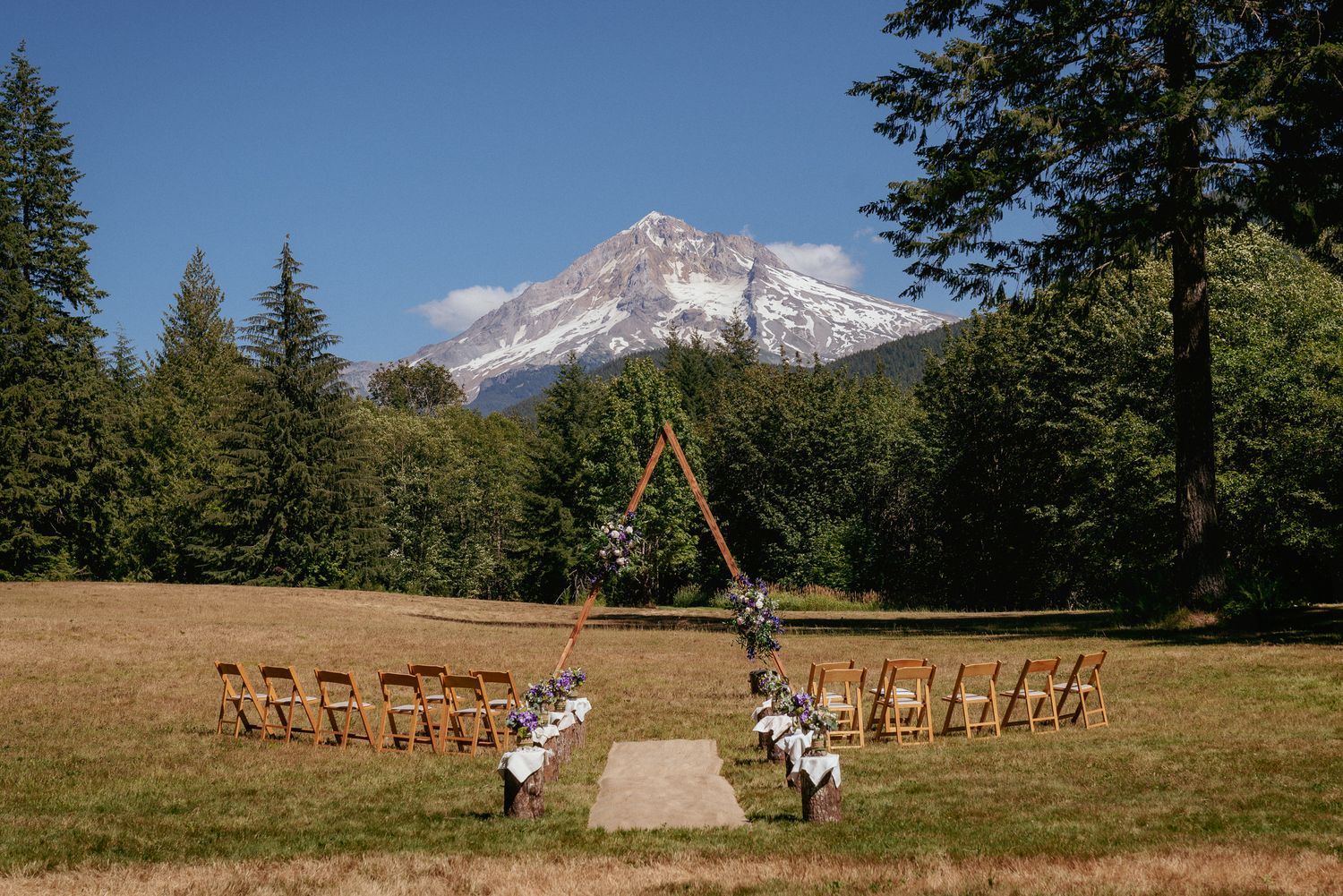 Mountain view ceremony setup with floral arbor, epic PNW wedding scene.