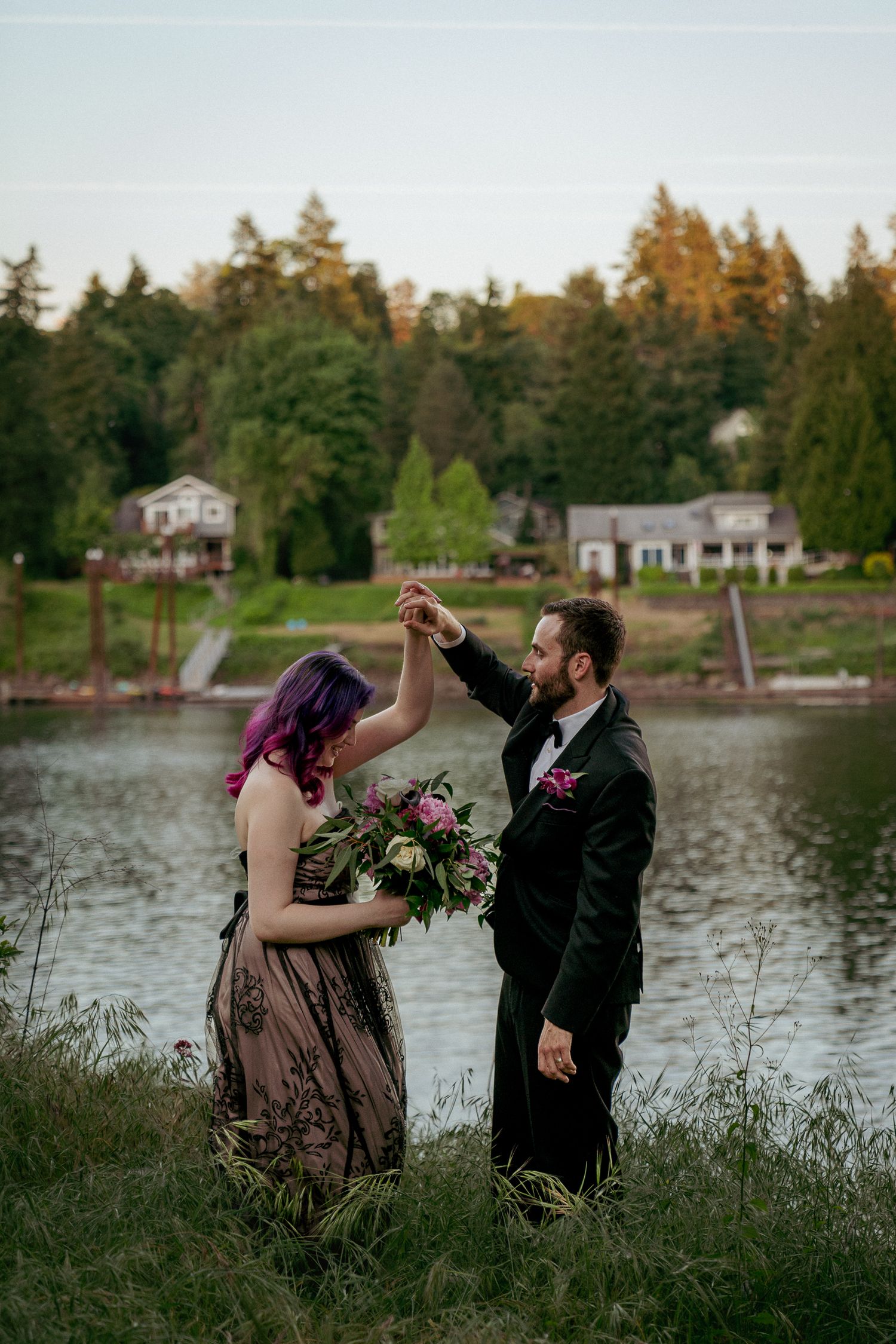 Private dance of the newlyweds Willamette River, Lake Oswego micro wedding.