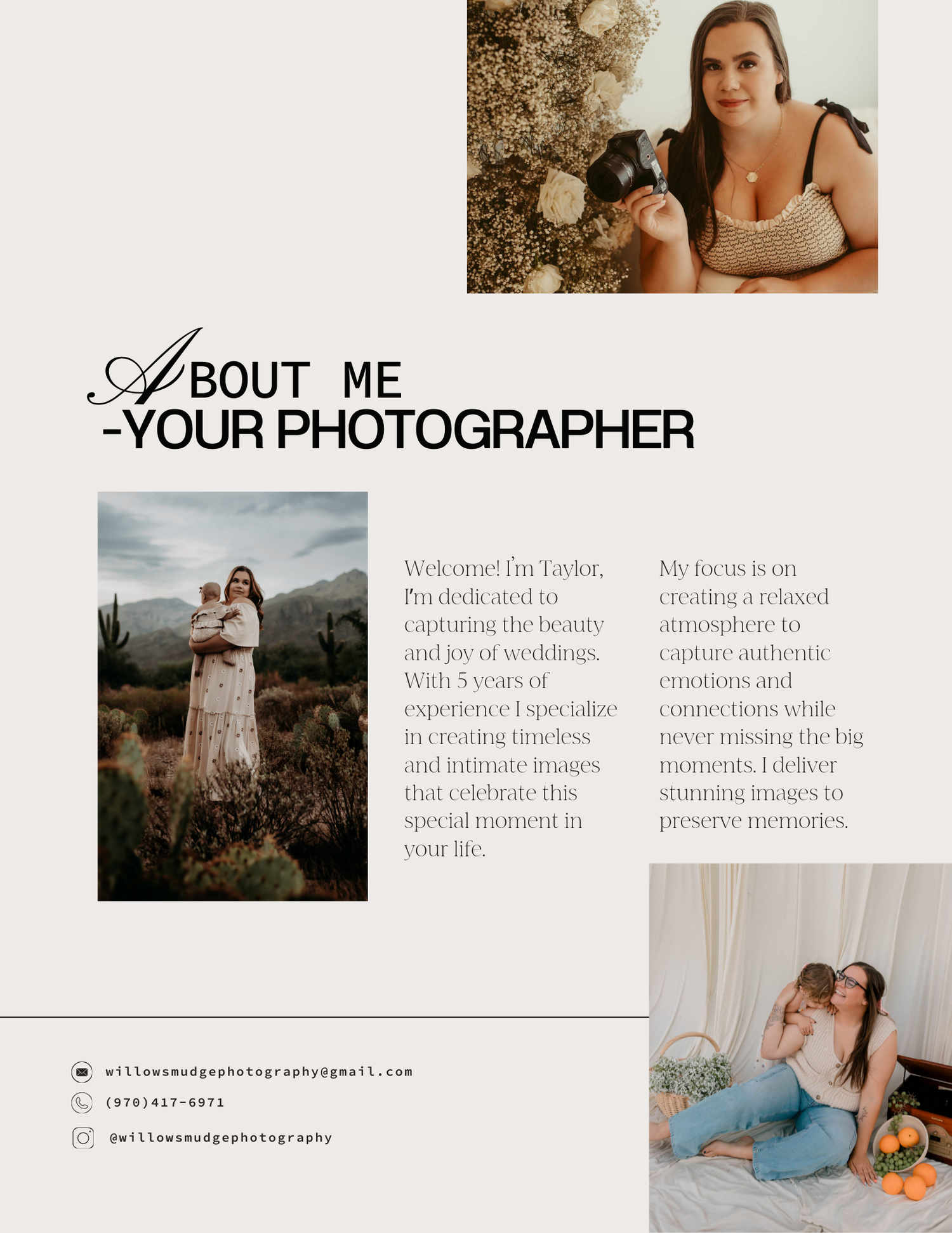 A collection of lifestyle photography website design elements with soft earth tones and editorial layouts.