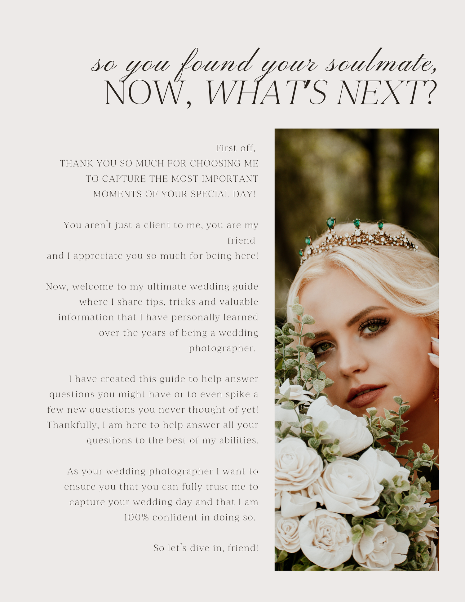 A wedding guide collage featuring bridal details, floral arrangements and text overlays in soft muted tones.