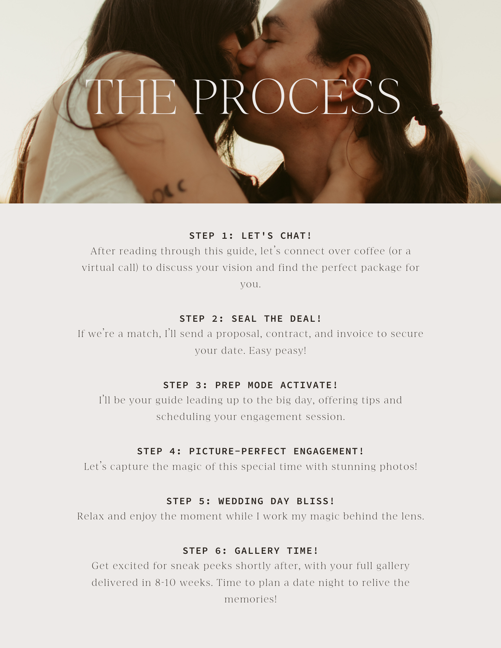 A wedding planning checklist shows five steps from getting engaged to wedding day bliss in a light beige color scheme.