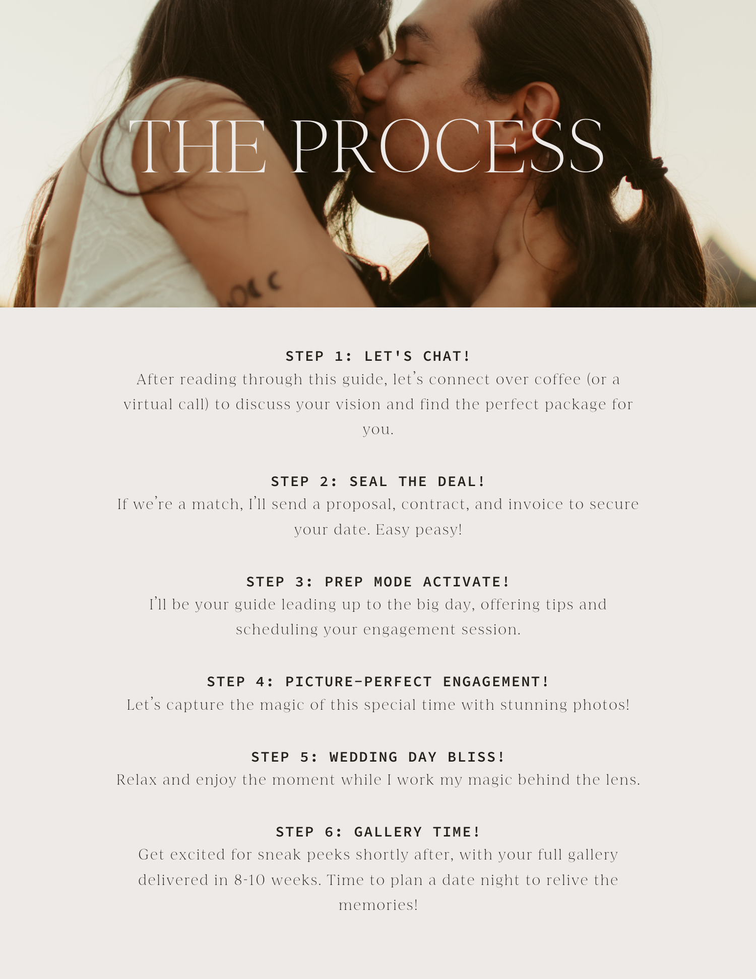 A wedding planning checklist shows five steps from getting engaged to wedding day bliss in a light beige color scheme.