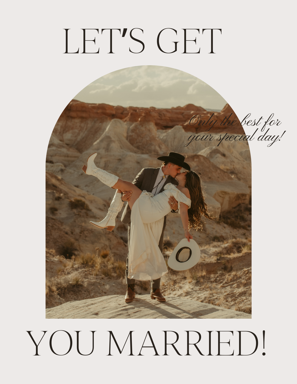 A wedding photographer's website banner featuring desert landscape photos and elegant 'Let's Get You Married!' text.