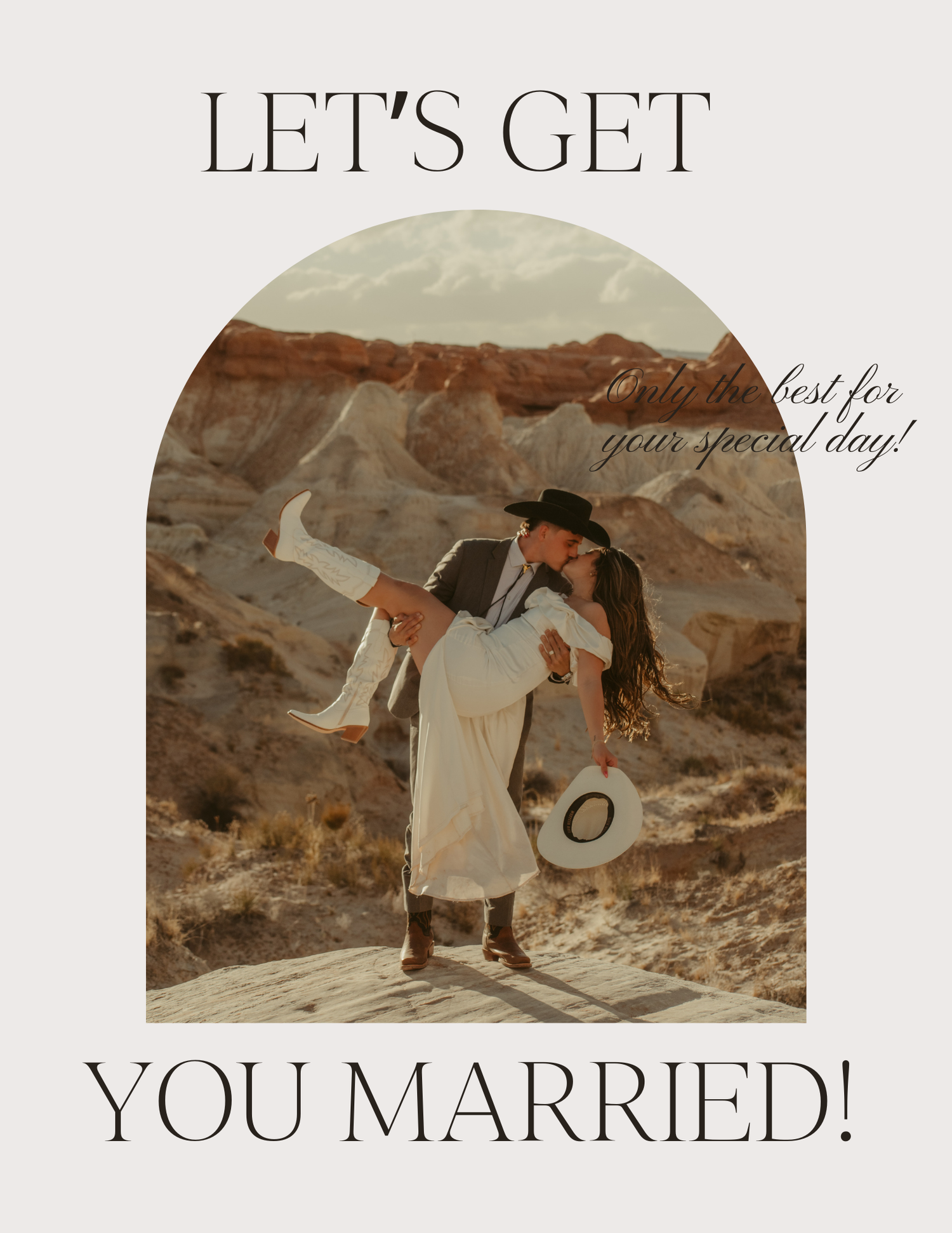A wedding photographer's website banner featuring desert landscape photos and elegant 'Let's Get You Married!' text.